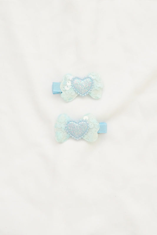 Blue Glittery Heart & Bow Clip Set